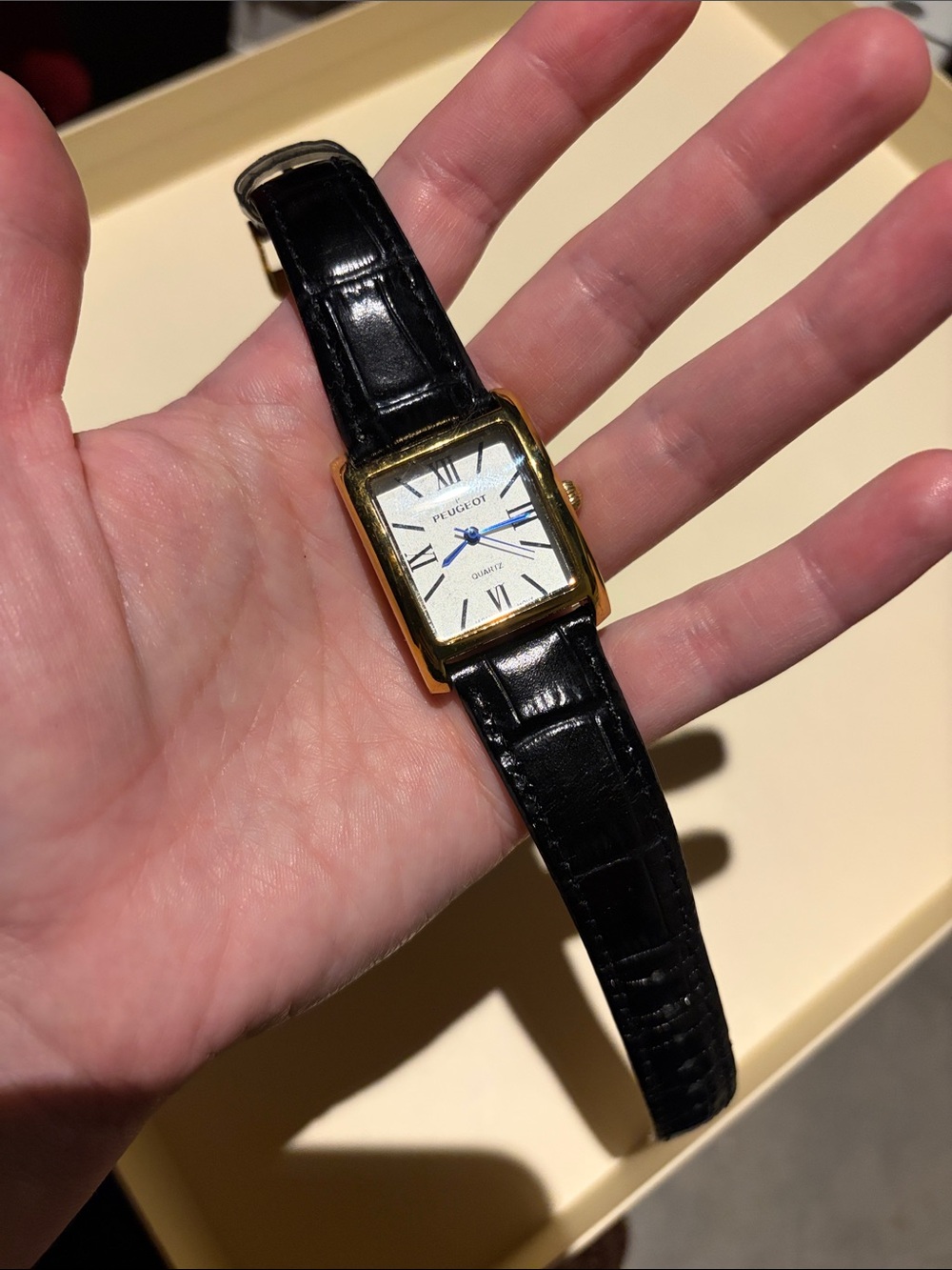 Peugeot Black Strap Gold-Tone Square Watch with White Dial